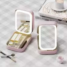 Portable Folding Makeup Mirror Jewelry Box with 3-Color LED