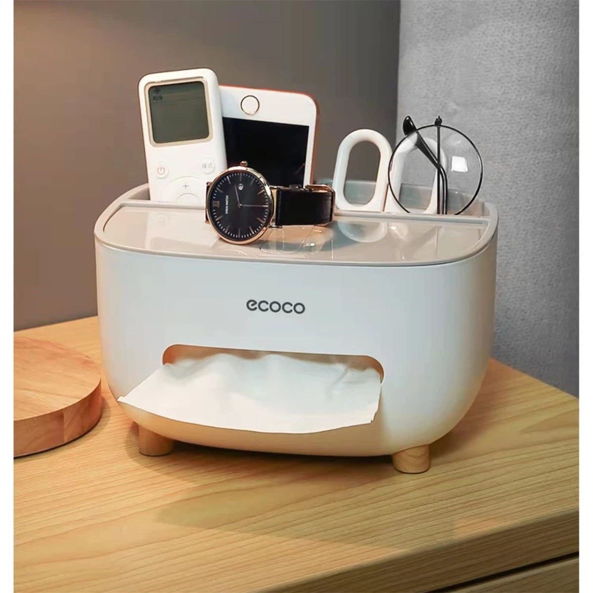 Ecoco Tissue Box with Multifunctional Storage Drawer – Desk Organizer