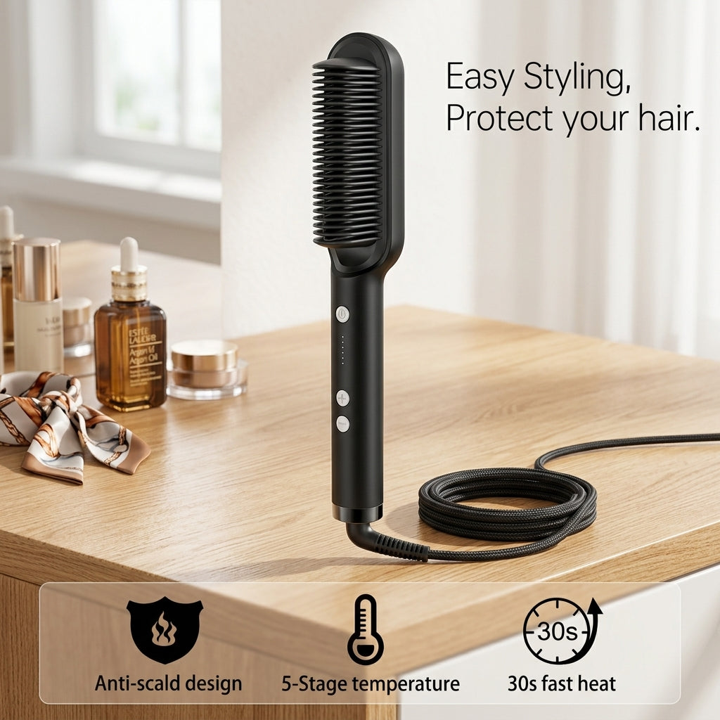 Hair Straightener Brush – Anti-Scald Ceramic Hair Comb with 5 Heat Settings