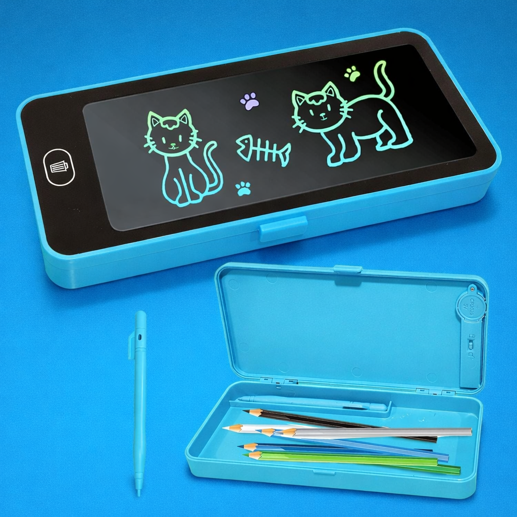 Pencil Box with LCD Writing Tablet for Kids – Reusable Writing Pad, Stylus & Stationery Storage Box