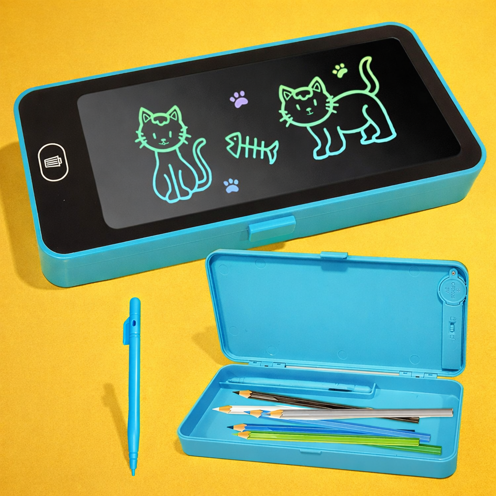 Pencil Box with LCD Writing Tablet for Kids – Reusable Writing Pad, Stylus & Stationery Storage Box