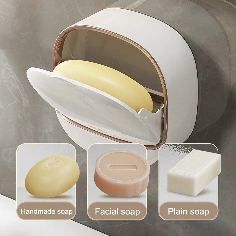 Wall-Mounted Flip-Cover Soap Holder – Stylish Space-Saving Bathroom Soap Dish