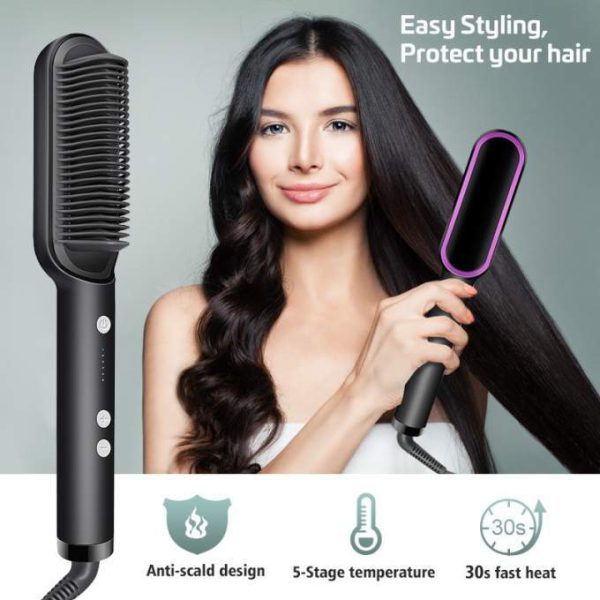 Hair Straightener Brush – Anti-Scald Ceramic Hair Comb with 5 Heat Settings