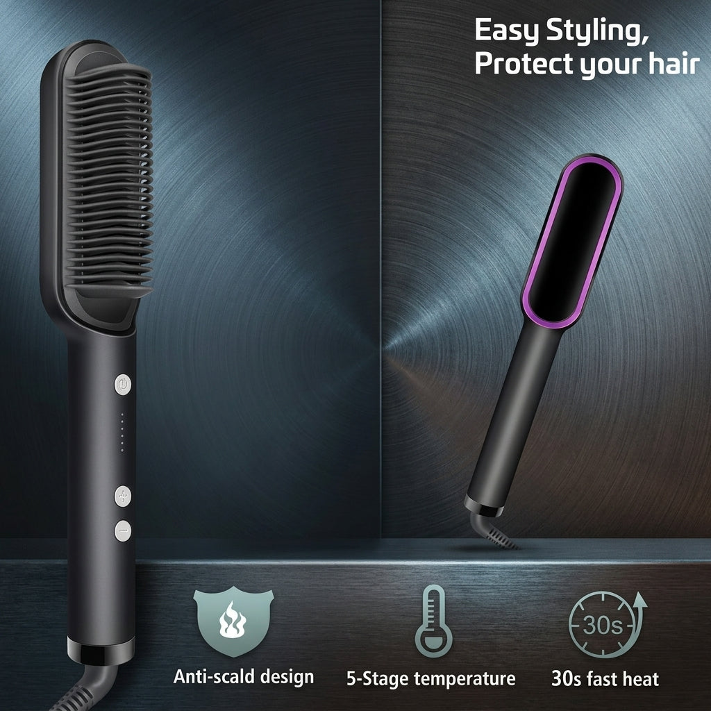 Hair Straightener Brush – Anti-Scald Ceramic Hair Comb with 5 Heat Settings